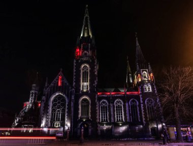 Arka planda gece görünümü güzel Katolik Katedrali. Lviv, Ukrayna 'da STS. Olha ve Elizabeth Kilisesi 