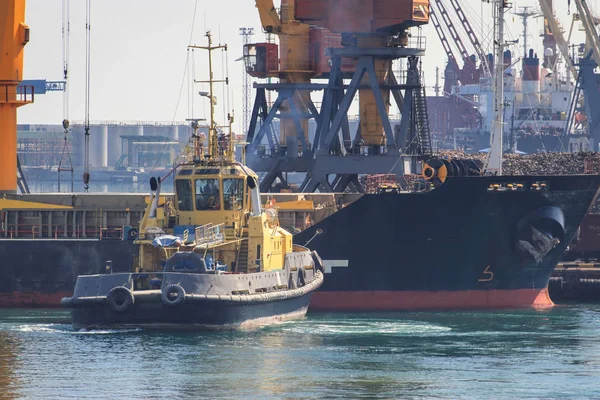 Rebocador na proa do navio de carga, auxiliando o navio a manobrar no porto marítimo de Odessa, Ucrânia — Fotografia de Stock