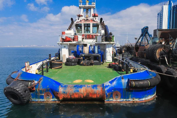 OSV boat, offshore supply vessel stand moored in harbor of Odessa, Ukraine