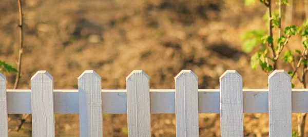 白いフェンスとぼやけた背景を持つ美しい庭園 — ストック写真