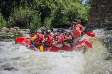 Tara, Karadağ-Haziran 14 2018: rafting ekibi, yaz aşırı su sporu. Bir rafting teknesinde insanlar grubu, nehirde güzel adrenalin yolculuğu.
