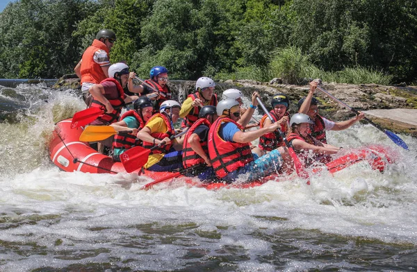 Tara, Karadağ-Haziran 14 2018: rafting ekibi, yaz aşırı su sporu. Bir rafting teknesinde insanlar grubu, nehirde güzel adrenalin yolculuğu.