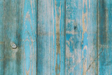 Yakın plan. Mavi ahşap arka plan. Eski mavi tahtaların boyalı yüzeyi. Yıpranmış mavi ahşap doku. Dikey yönelim.