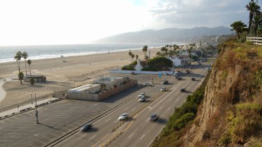 Sahilin ve palmiye ağaçlarının havadan görünüşü, Kaliforniya, ABD.