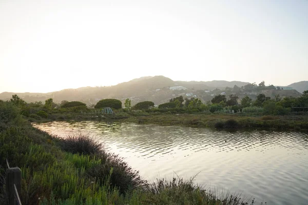 Gölün güzel bir görüntüsü. Etrafı yeşilliklerle çevrili. Dağlarda, güneş ışığında.