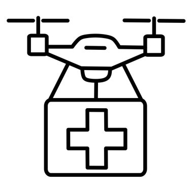 Vector icon of a drone carrying a medical box with a cross symbol. Perfect for illustrating healthcare logistics, emergency medicine delivery, pharmacy services, and futuristic drone technology