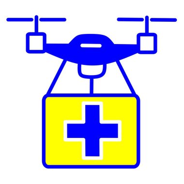 Vector icon of a drone carrying a medical box with a cross symbol. Perfect for illustrating healthcare logistics, emergency medicine delivery, pharmacy services, and futuristic drone technology