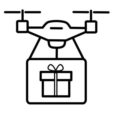 Vector illustration of a drone carrying a wrapped gift box with a ribbon. Perfect for online gift shops, holiday delivery services, and futuristic courier solutions.