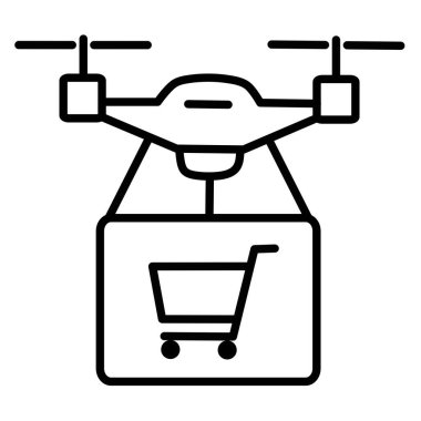 Minimal vector icon of a drone transporting a grocery bag with vegetables. Ideal for supermarket apps, online grocery delivery, food logistics, and futuristic shopping concepts.