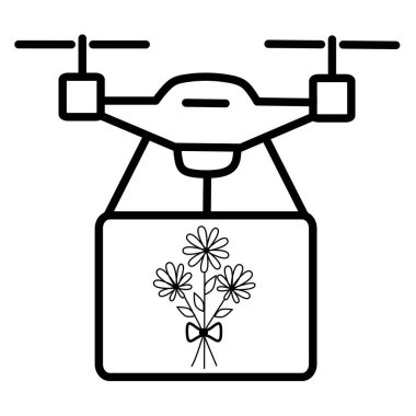 Clean vector icon of a drone carrying a bouquet of flowers. Perfect for online flower shops, romantic deliveries, special occasions, and futuristic gift services.