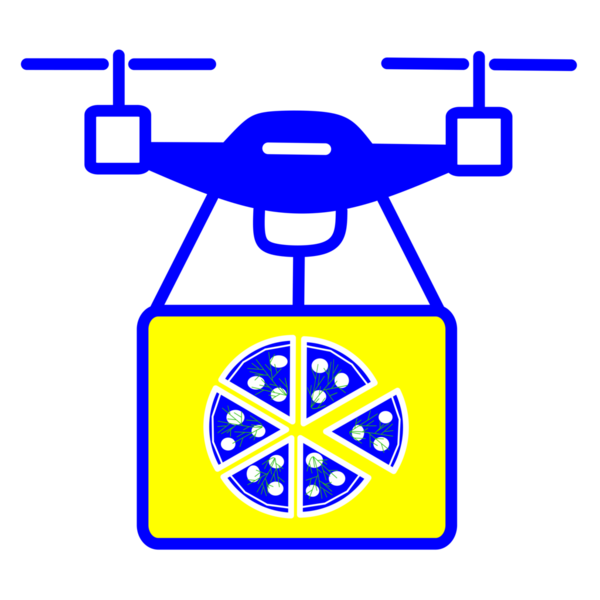 Pizza Drone Delivery Icon  Futuristic Food Service. Flat vector icon of a drone transporting a pizza box, representing fast food delivery of the future.