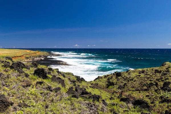 Hawaiian Coastline South Point Big Island Volcanic Rocks Grass Hill — Stock Photo, Image