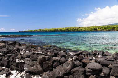 View of kealakekua bay on Hawaii's Big Island, looking from Puuhonua Historical Park. Crystal blue-green water in the bay; coastline in the background, black Volcanic rock in foreground. clipart