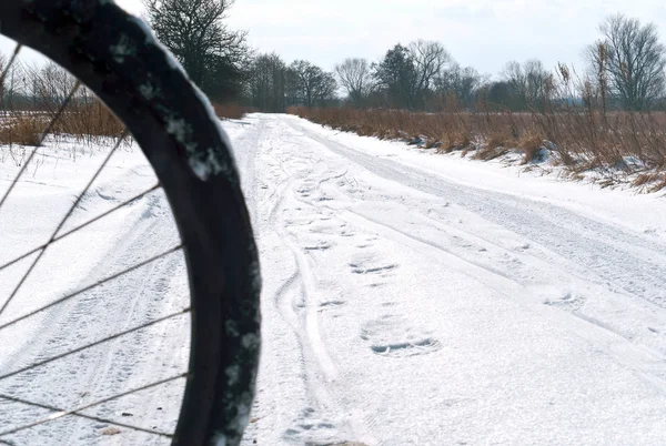 bike in the winter in the snow, Bicycle wheel in the snow, to ride a bike in the winter in the snow