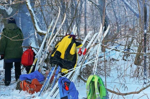 Kalininingrad, Rusya, 21 Ocak 2018. Kayakçılar ormanda dinleniyor. Kayak ağacın yanında duruyordu..