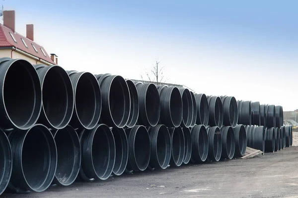 Plastic Corrugated Pipe Black Plastic Corrugated Pipe Large Diameter — Stock Photo, Image