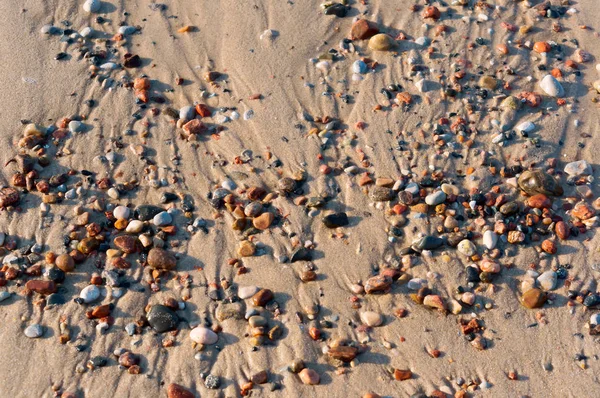 Meeressteine Auf Dem Sand Nasser Meersand Und Kleine Steine — Stockfoto