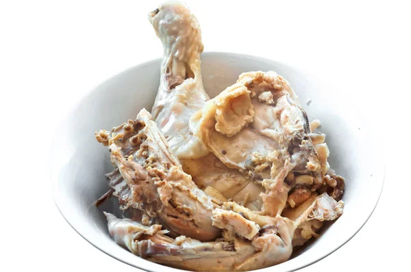 Carcasse Poulet Bouillie Poulet Bouilli Sur Une Assiette Blanche — Photo