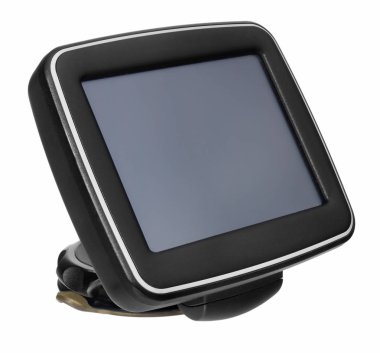 GPS araç navigasyon saplı. Siyah Elektronik harita aygıt ile mavi ekran ve gümüş. Beyaz arka plan üzerinde uydu navigasyon cihazı.