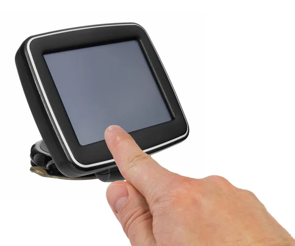 Gps Car Navigation Handle Finger Indicates Point Satellite Navigation Screen — Stock Photo, Image