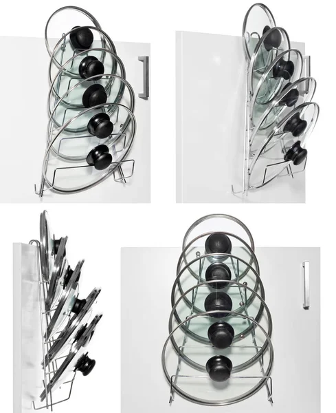 Вешалка Стеклянными Крышками Приготовления Кастрюль Висит Двери Кухонного Шкафа Вешалка Стоковое Изображение