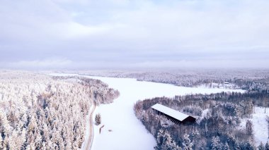 Yoğun bir orman ve ahşap bir kulübe ile çevrili donmuş bir göl ile karla kaplı bir arazinin havadan görüntüsü..
