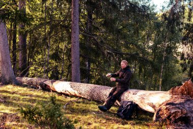 İskandinav ormanında devrilmiş bir ağaçta oturmuş termosla kahve molası veriyor. Rahat açık hava yaşam tarzı, eko turizm ve doğa ile bağlantı