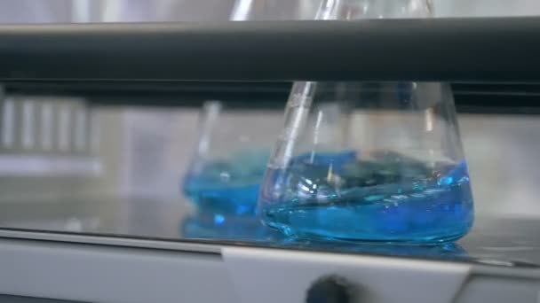 Liquido miscelato in vetreria da laboratorio. miscelazione di liquido blu in vetreria da laboratorio. miscelazione in pallone da laboratorio che effettua la reazione. Primo piano come. Scienziato miscelazione sostanze chimiche in pallone erlenmeyer — Video Stock