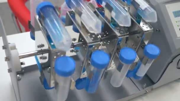Em um laboratório, um cientista analisa um líquido colorido para extrair o DNA e as moléculas nos tubos de ensaio. Conceito: pesquisa, bioquímica, natureza, medicina farmacêutica. equipamento de análise de fluidos . — Vídeo de Stock