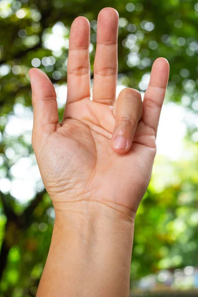 Trigger Finger lock on ring finger of woman's front left hand, Suffering from pain, in bokeh green garden background, Close up & Macro shot, Office syndrome, Health care concept