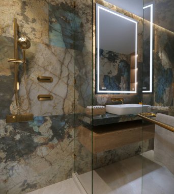 Mermer dokuları, pirinçten armatürleri, lavabosu ve akıllı LED ayna aydınlatması olan lüks bir banyonun zarif üç boyutlu görüntüsü. Lüks iç tasarım kavramları için mükemmel..