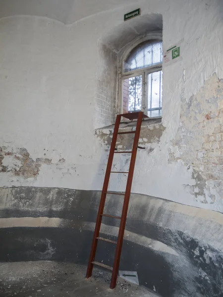 Emergency exit with ladder in the basement of a ruin.