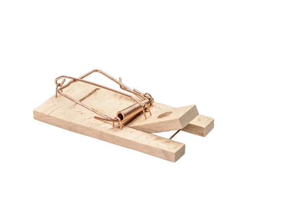 Small Cocked Wooden Mousetrap Isolated White — Stock Photo, Image