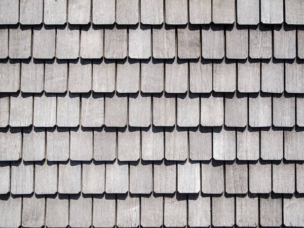 Full-frame view of weathered roof shingles.