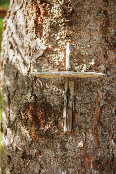 Närbild Ett Enkelt Träkors Ett Träd Med Stor Bark — Stockfoto