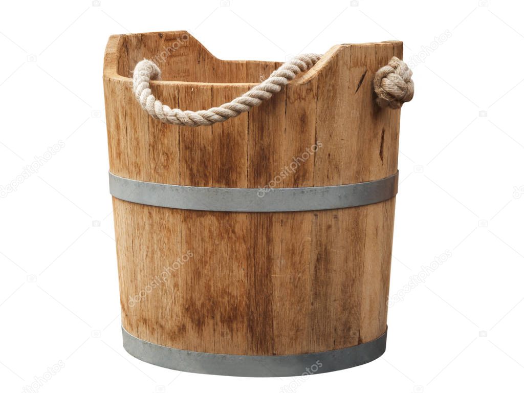 Wooden trough with two steel rings and hemp rope as a handle isolated on white.