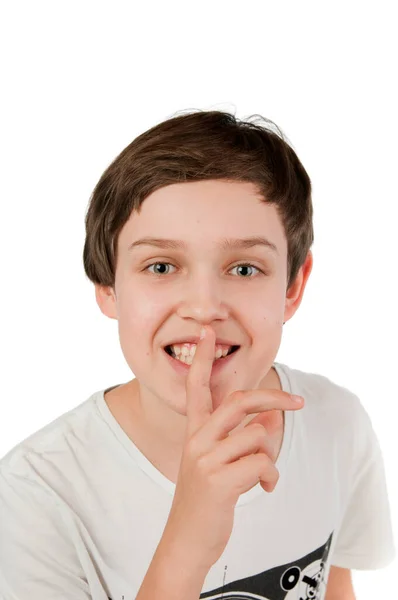 Frontal Close Year Old Caucasian Boy White Background His Right — Stock Photo, Image