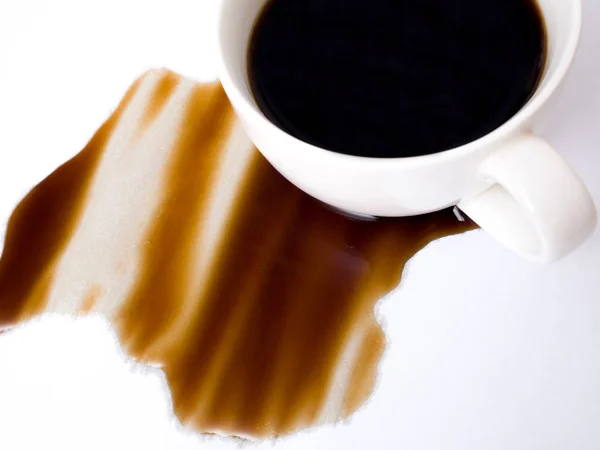 Cup of coffee spilt on white background, top view. For grunge advertisement design, copy space