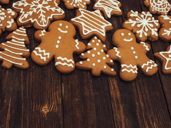 Happy New Year Merry Christmas Gingerbread Wood Background Christmas Baking — Stock Photo, Image