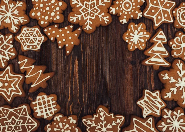 Happy New Year Merry Christmas Gingerbread Wood Background Christmas Baking — Stock Photo, Image