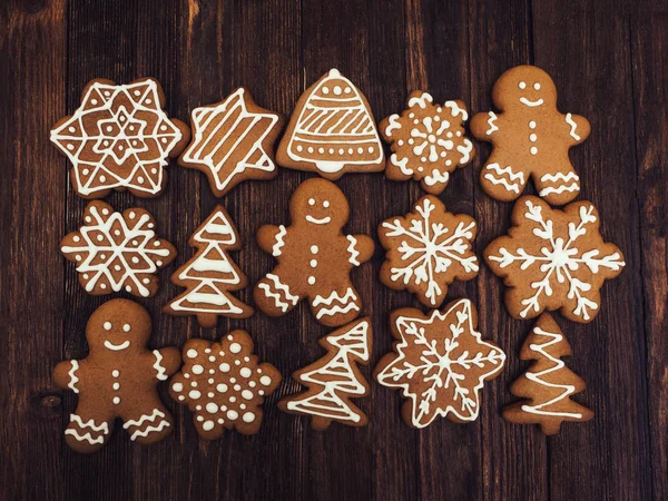 Happy New Year Merry Christmas Gingerbread Wood Background Christmas Baking — Stock Photo, Image