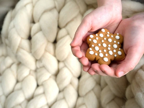 Χέρια Που Κρατούν Χριστούγεννα Μελόψωμο Cookies Χριστουγεννιάτικο Φόντο — Φωτογραφία Αρχείου