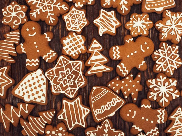 Happy New Year Merry Christmas Gingerbread Wood Background Christmas Baking — Stock Photo, Image