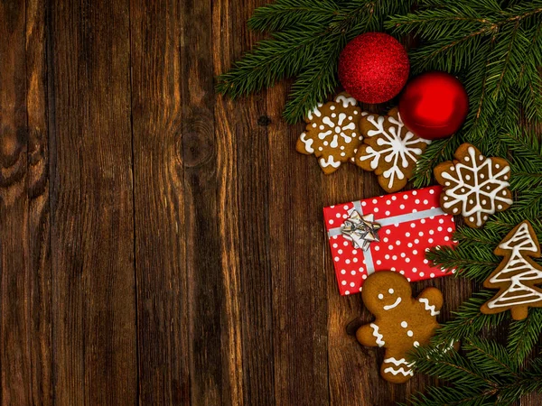 Frohes Neues Jahr Und Frohe Weihnachten Lebkuchen Auf Holz Hintergrund — Stockfoto