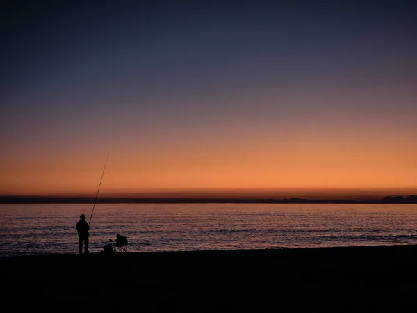 Silhouette Fisherman Fishing Sunset Royalty Free Stock Photos