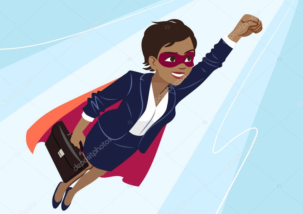 Young African-American superhero woman wearing business suit and cape, flying through air in superhero pose, on aqua background. Vector cartoon character illustration, business, achievement, goals.