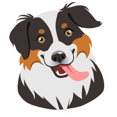 Köpek yüz portre karikatür çizimi. Dilini çıkarmış gülümseyen sevimli dost hayvan sürüsü köpek. Evcil hayvan, köpek severler, beyaz, çağdaş düz vektör stil izole hayvan temalı tasarım öğesi.