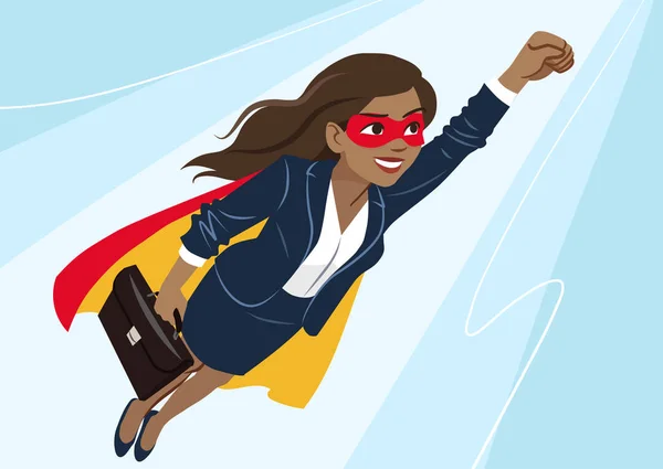 若いアフリカ系アメリカ人のスーパー ヒーロー女性ビジネス スーツと水色の背景に スーパー ヒーロー ポーズで空気を通って飛んでいる岬を身に着けています 目標達成 ビジネス漫画キャラのイラスト ベクターします — ストックベクタ
