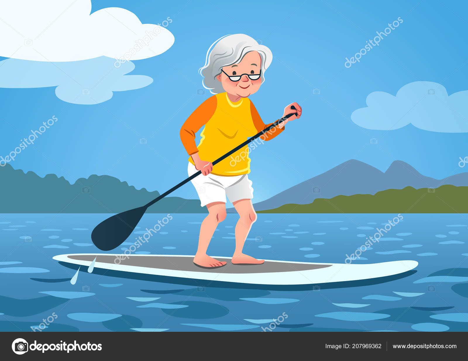 Senior woman on a stand up paddle board. Cute grandma wearing rah guard