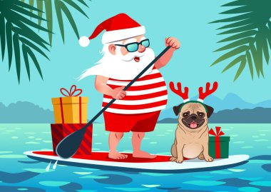 Raket Pano pug köpek ve hediyeler tropikal okyanus arka plan vektör karikatür çizim karşı ayağa üzerinde sevimli Noel Baba. Temmuz ayında, Evcil hayvan, yaz, tatil, resort, sıcak iklim tema Noel 